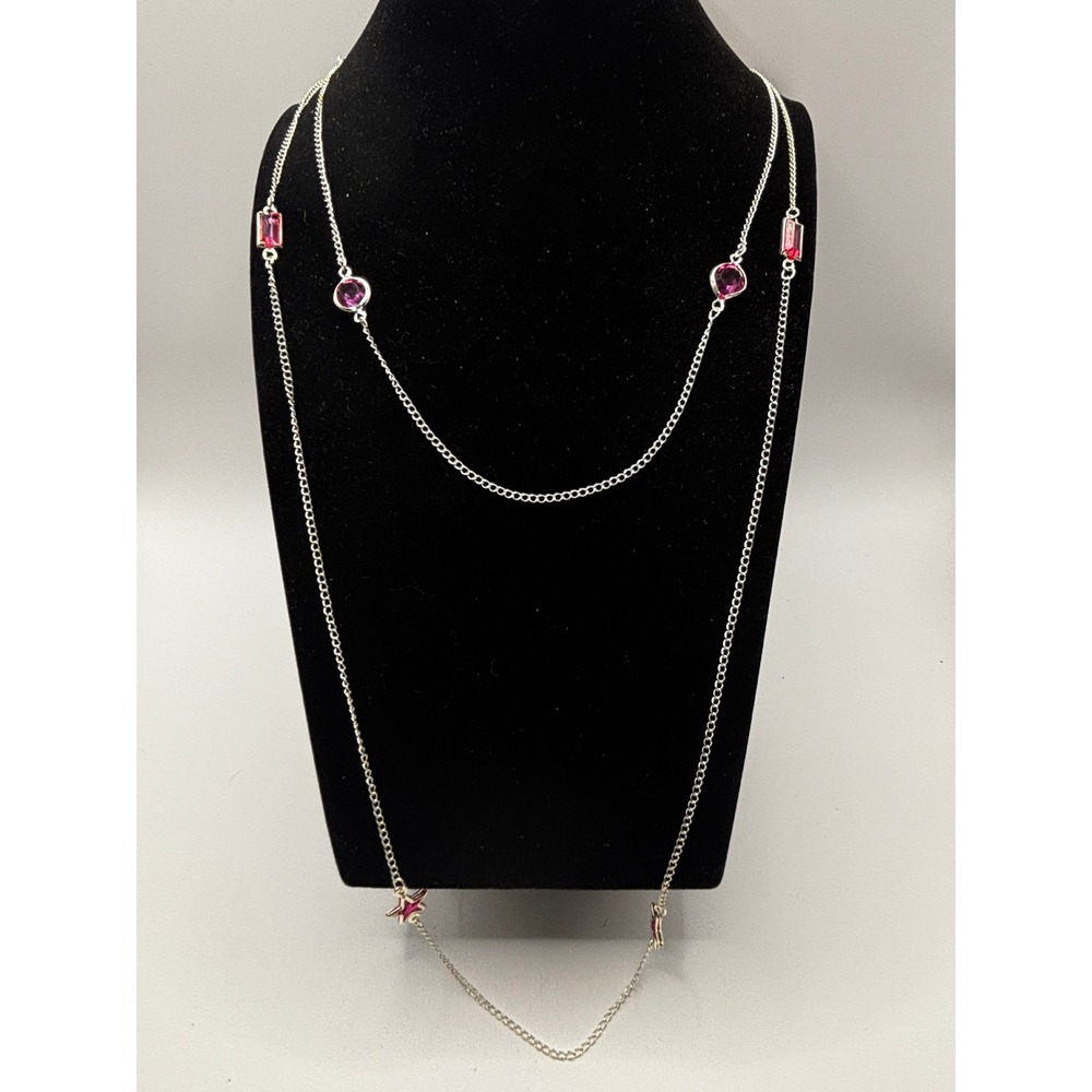 Candie's Station Necklace Women OS‎ Silver Pink Star Gemstone Layered Long 32"